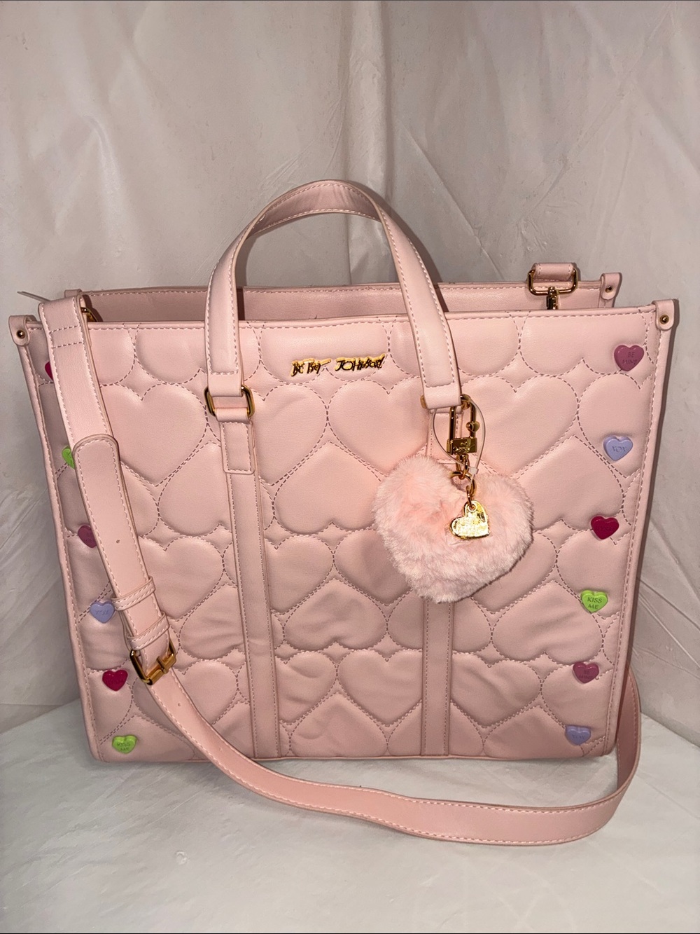 Betsey Johnson Light Pink Quilted Heart Tote with Fluffy Heart Charm